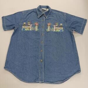 Bobbie Brooks BB159E Women's Blue Denim Floral Embroidered  Button Up Shirt Sz M
